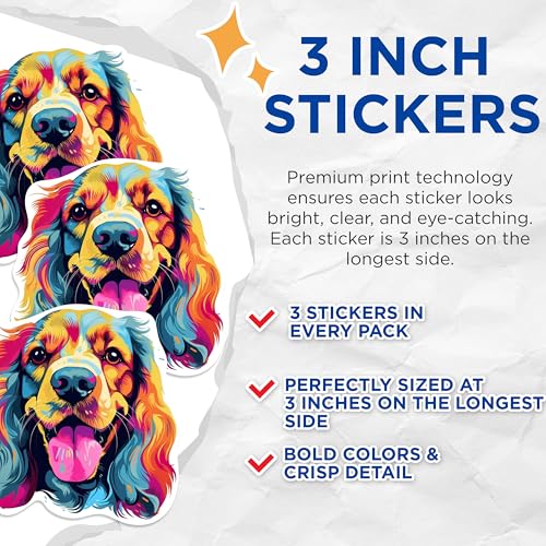 (3 Pack) Colorful Spaniel Decals - Cute Dog Art - Laptop Decals - 3 Inches On Longest Side - Easy Peel & Apply - Made in USA - 3MCS0707