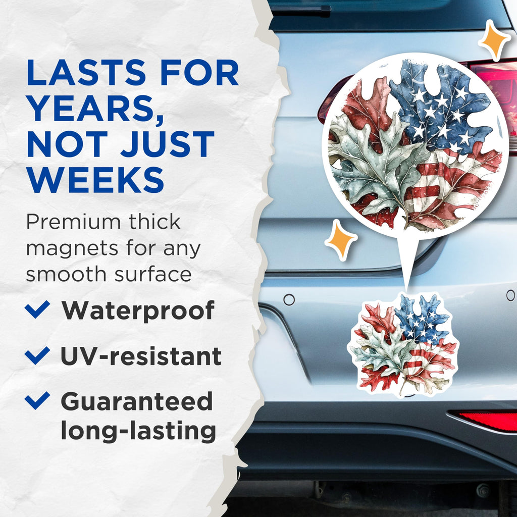 (2 Pack) American Flag Leaf Magnets - Patriotic Oak Foliage Decor - USA Pride Autumn Emblem - 5 Inches On Longest Side - Thick Durable Magnet - Made in USA - MAG19926