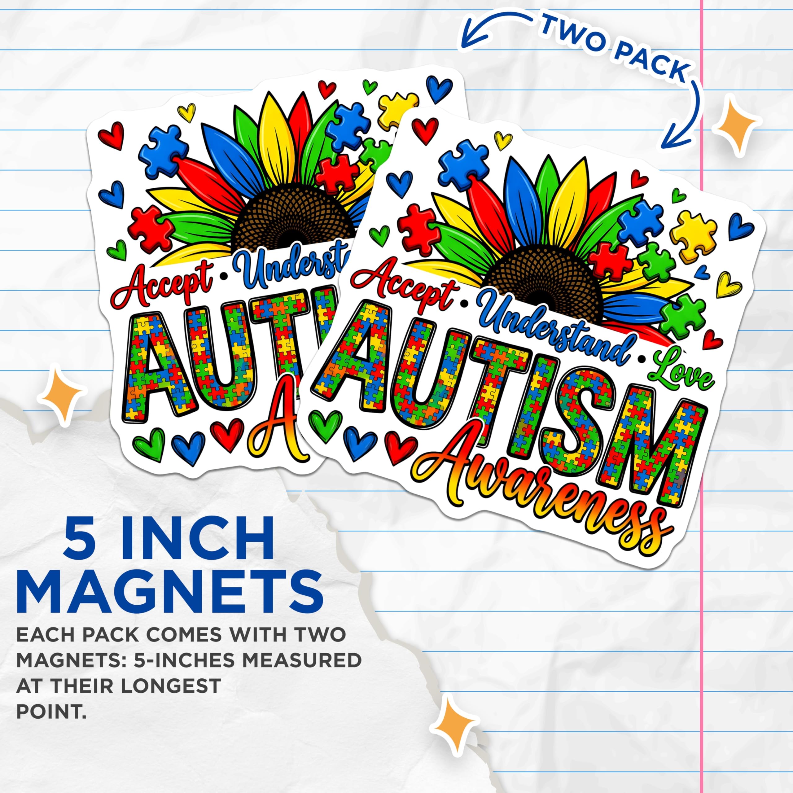 (2 Pack) Autism Awareness Magnets - Neurodiversity Support - Puzzle Piece Sunflower Advocate Decor - 5 Inches On Longest Side - Thick Durable Magnet - Made in USA - MAG30113