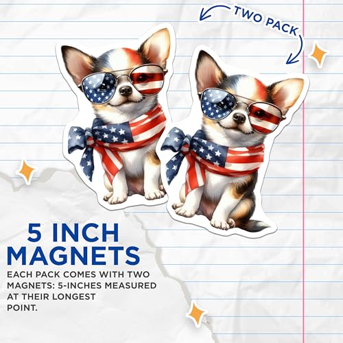 (2 Pack) Patriotic Dog Magnets - American Flag Puppy - Independence Day Decor - Cute Dog for Refrigerator - 5" On Longest Side - for Cars, Fridges, Toolboxes - Made in USA - MAG7109