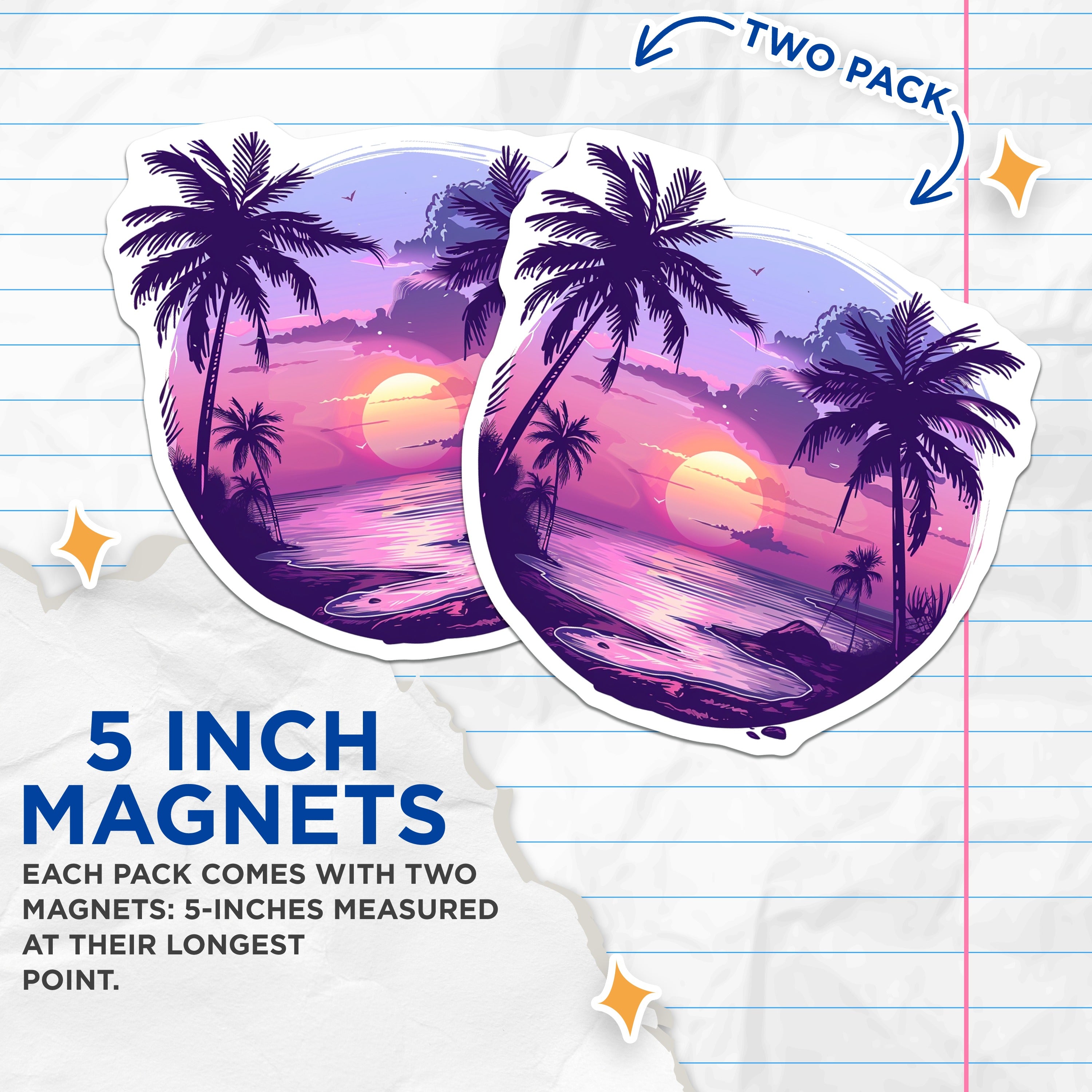 (2 Pack) Tropical Sunset Palm Tree Magnets - Beach Scene Aesthetic Decor - Vibrant Locker Office Refrigerator Magnets - 5 Inches On Longest Side - Thick Durable Magnet - Made in USA - MAG36709