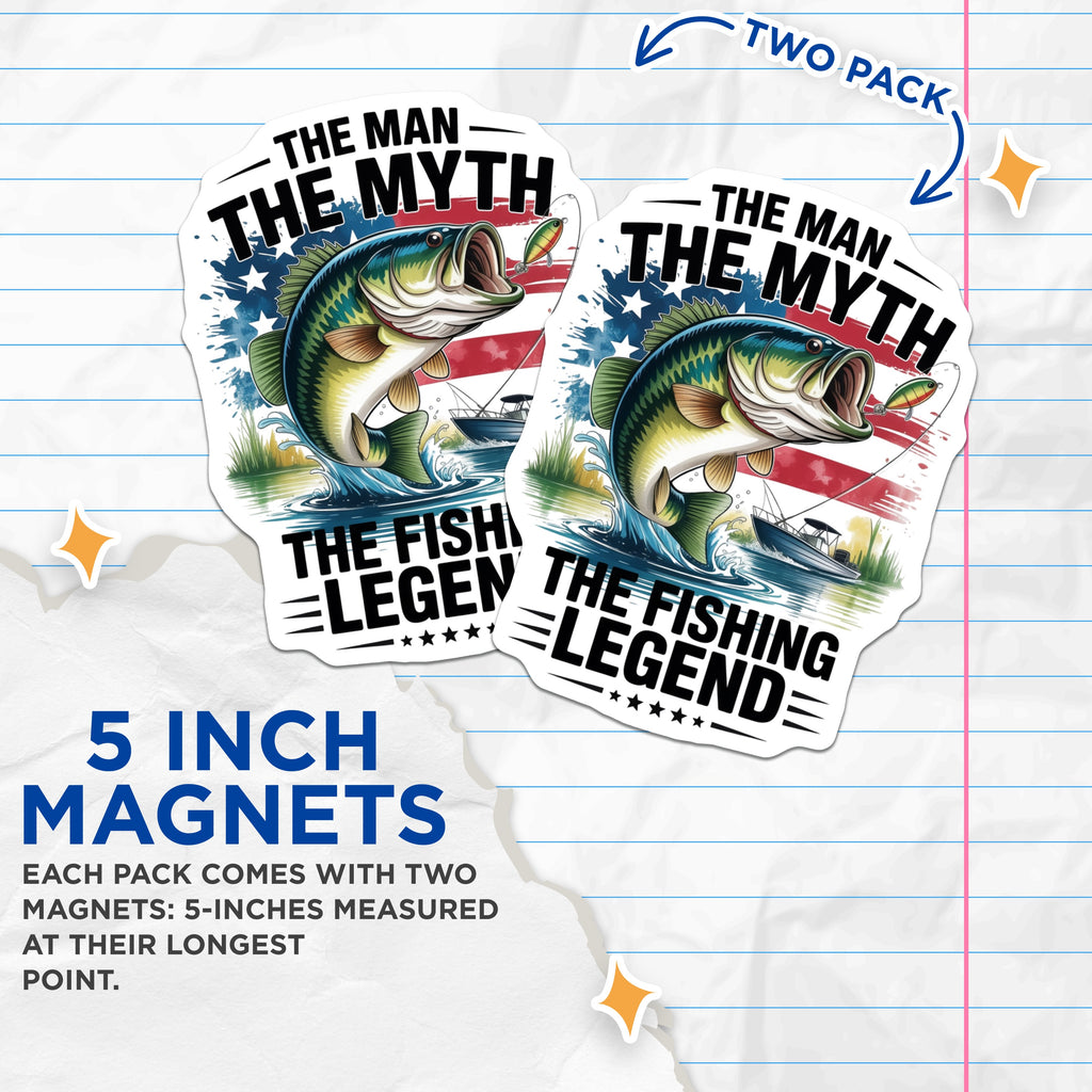 (2 Pack) Fishing Legend Magnets - Bass Angler Art - Patriotic Outdoor Humor - Man Myth Motif - Refrigerator Locker Decor - 5 Inches On Longest Side - Thick Durable Magnet - Made in USA - MAG36977