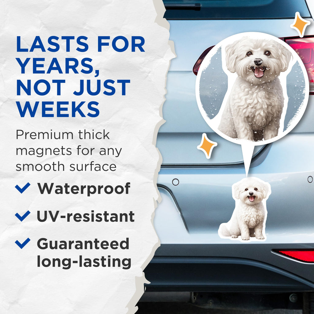 (2 Pack) White Fluffy Dog Magnets - Cute Bichon Frise Maltese Pet Accessory - Animal Lover Refrigerator Decal - 5 Inches On Longest Side - Thick Durable Magnet - Made in USA - MAG29091