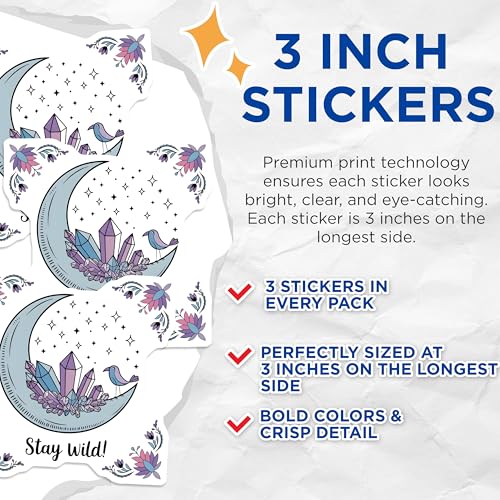 (3 Pack) Moon Crystals Decals - Stay Wild Saying - Laptop Decal - Bohemian Decor- 3 Inches On Longest Side - Easy Peel & Apply - Made in USA - 3MCS5301