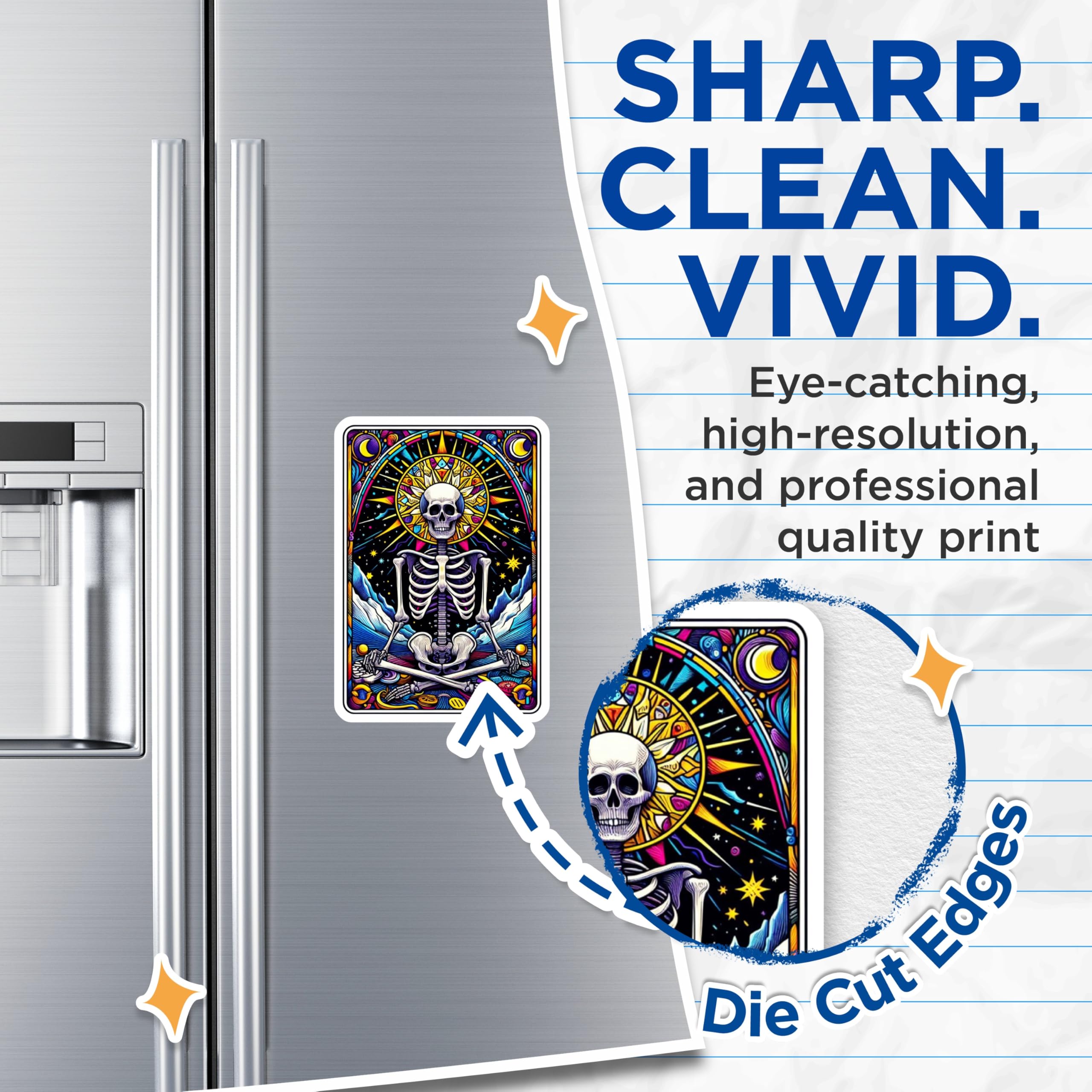 (2 Pack) Psychedelic Skeleton Magnets - Meditating Skull Art - Vibrant Mystical Decor - Stained Glass Mandala Design - 5 Inches On Longest Side - Thick Durable Magnet - Made in USA - MAG21947