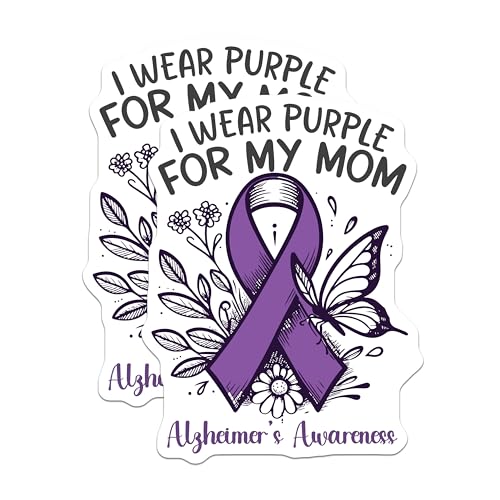 (2 Pack) AlzheimerÃ¢â‚¬â„¢s Awareness Stickers - Purple Ribbon Stickers - I Wear Purple for My Mom Stickers - 5" On Longest Side - Sticks to Smooth Flat Surfaces - Made in USA - BMCS5964