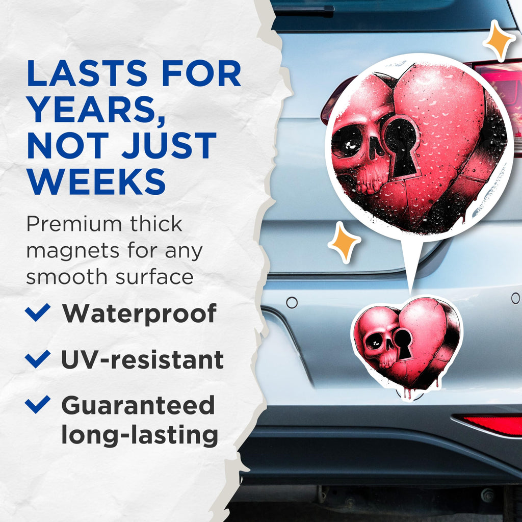 (2 Pack) Skull Heart Magnets - Macabre Love Art Design - Keyhole Gothic Fridge Decor - Alternative Aesthetic - 5 Inches On Longest Side - Thick Durable Magnet - Made in USA - MAG21336