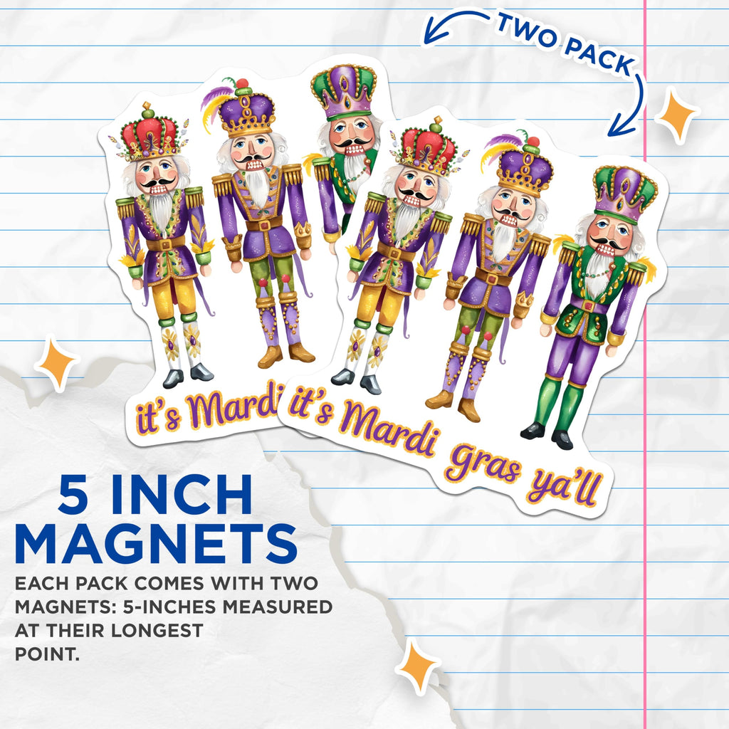 (2 Pack) Mardi Gras Nutcracker Magnets - Celebration Decor - Holiday Kitchen Magnets - 5" On Longest Side - Premium Magnet - for Cars, Refrigerators, Toolboxes, Lockers - Made in USA - MAG16039