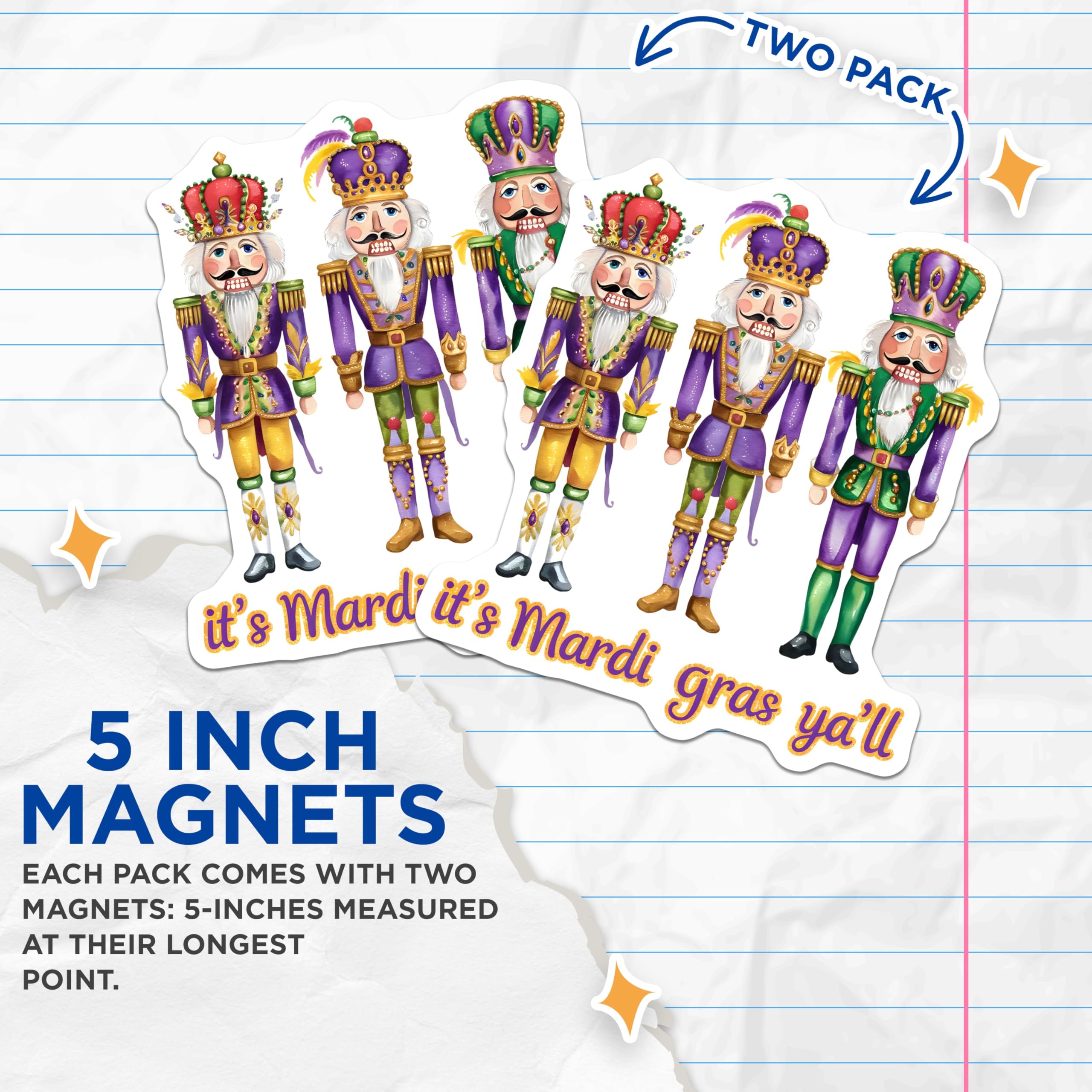 (2 Pack) Mardi Gras Nutcracker Magnets - Celebration Decor - Holiday Kitchen Magnets - 5" On Longest Side - Premium Magnet - for Cars, Refrigerators, Toolboxes, Lockers - Made in USA - MAG16039