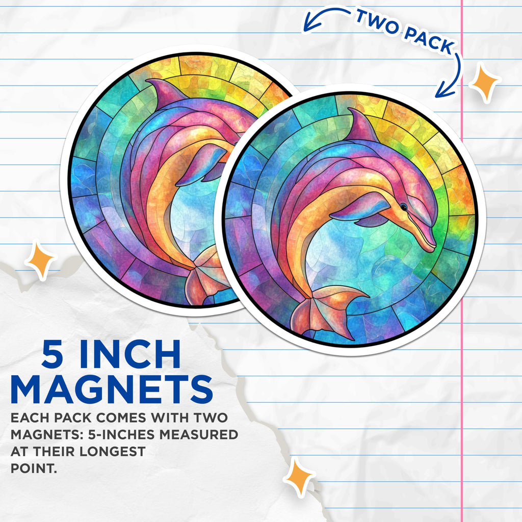 (2 Pack) Stained Glass Dolphin Magnets - Ocean Animal Art - Vibrant Marine Decor - 5 Inches On Longest Side - Thick Durable Magnet - Made in USA - MAG24420