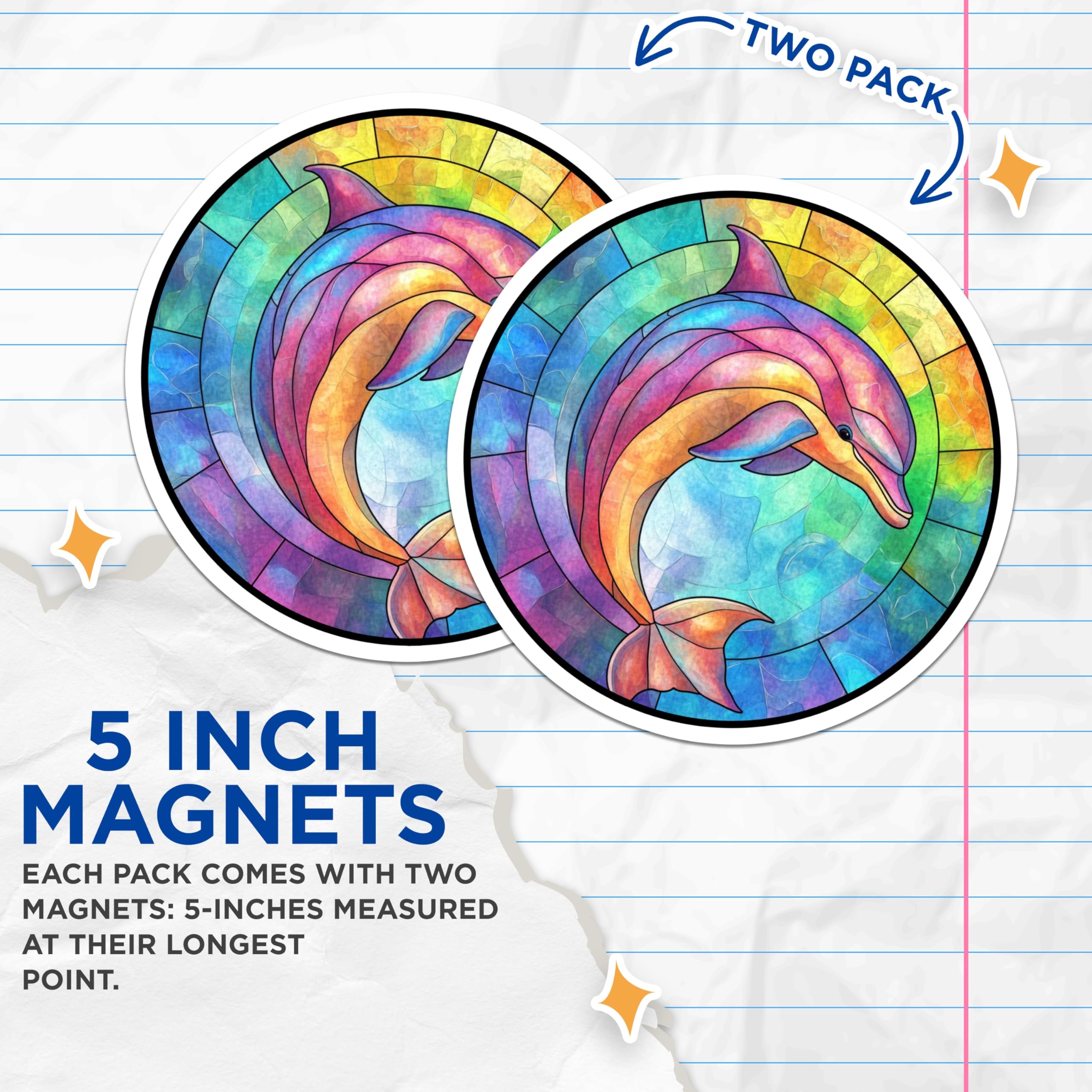 (2 Pack) Stained Glass Dolphin Magnets - Ocean Animal Art - Vibrant Marine Decor - 5 Inches On Longest Side - Thick Durable Magnet - Made in USA - MAG24420