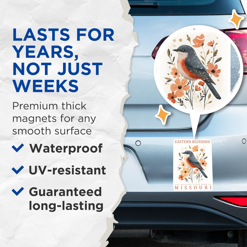 (2 Pack) Eastern Bluebird Magnets - Missouri State Bird - Floral Bird Lover Decor - 5" On Longest Side - Premium Magnet - for Cars, Refrigerators, Toolboxes, Lockers - Made in USA - MAG17699