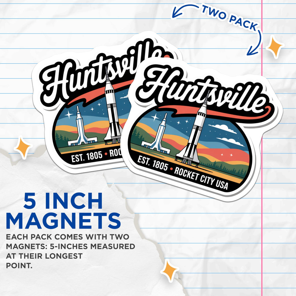 (2 Pack) Huntsville Alabama Magnets - Rocket City USA - Saturn V Rocket Space Decor - 5" On Longest Side - Premium Magnet - for Cars, Refrigerators, Toolboxes, Lockers - Made in USA - MAG17681