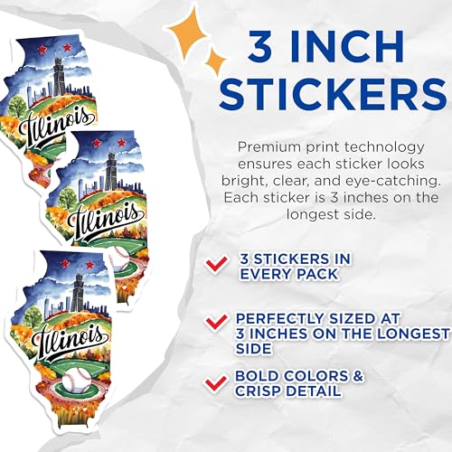 (3 Pack) Illinois Decals - Chicago Skyline - Baseball Stickers- 3 Inches On Longest Side - Easy Peel & Apply - Made in USA - 3MCS5040