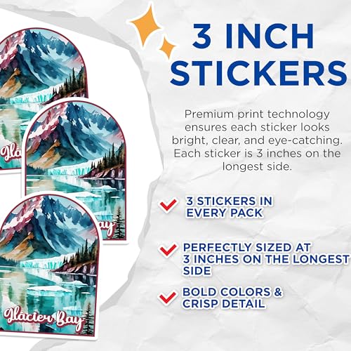 (3 Pack) Glacier Bay Decals - Alaska National Park - Nature Scenery Decals - 3 Inches On Longest Side - Easy Peel & Apply - Made in USA - 3MCS0403
