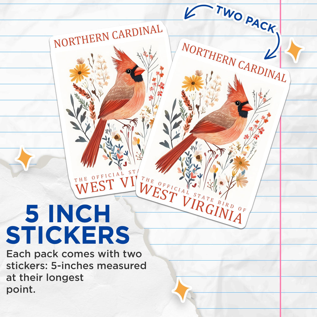 (2 Pack) Northern Cardinal Stickers - West Virginia Bird Stickers - Watercolor Style Decals - 5" On Longest Side - Sticks to Smooth Flat Surfaces - Made in USA - BMCS17502