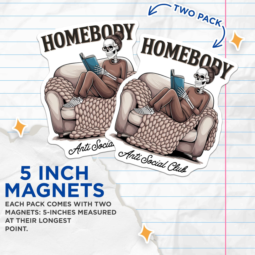 (2 Pack) Homebody Skeleton Magnets - Anti Social Club Decor - Reading Skeleton Coziness - 5 Inches On Longest Side - Thick Durable Magnet - Made in USA - MAG21470