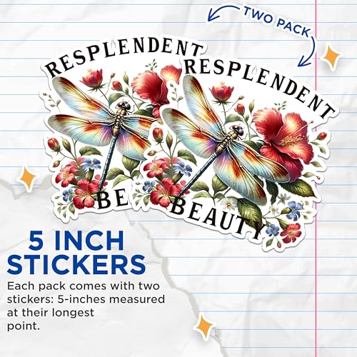 (2 Pack) Resplendent Beauty Stickers - Dragonfly and Floral Stickers - Artistic Nature Stickers - 5" On Longest Side - Sticks to Any Smooth Flat Surface - Made in USA - BMCS2685