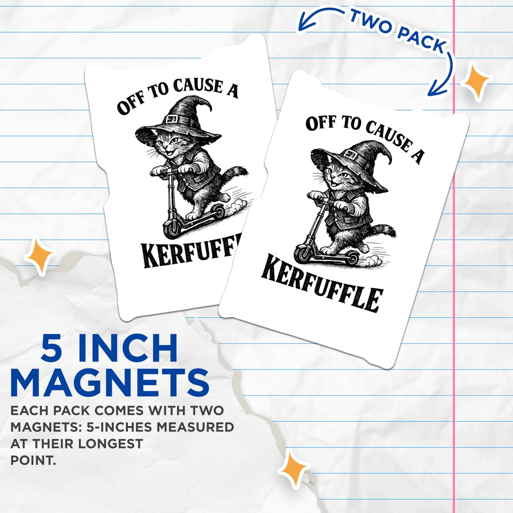 (2 Pack) Kerfuffle Cat Magnets - Witch Hat Scooter Kitten - Playful Refrigerator Decor - 5 Inches On Longest Side - Thick Durable Magnet - Made in USA - MAG21354