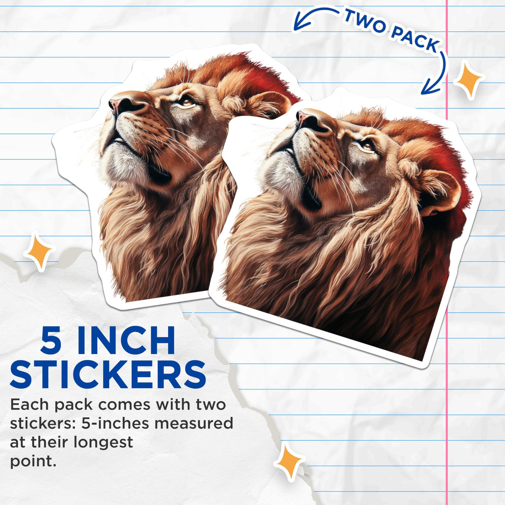 (2 Pack) Lion Head Stickers - Animal Stickers - Wildlife Art Stickers for Kids Adults - Notebook Phone Decor - 5" On Longest Side - Sticks to Smooth Flat Surfaces - Made in USA - BMCS4264