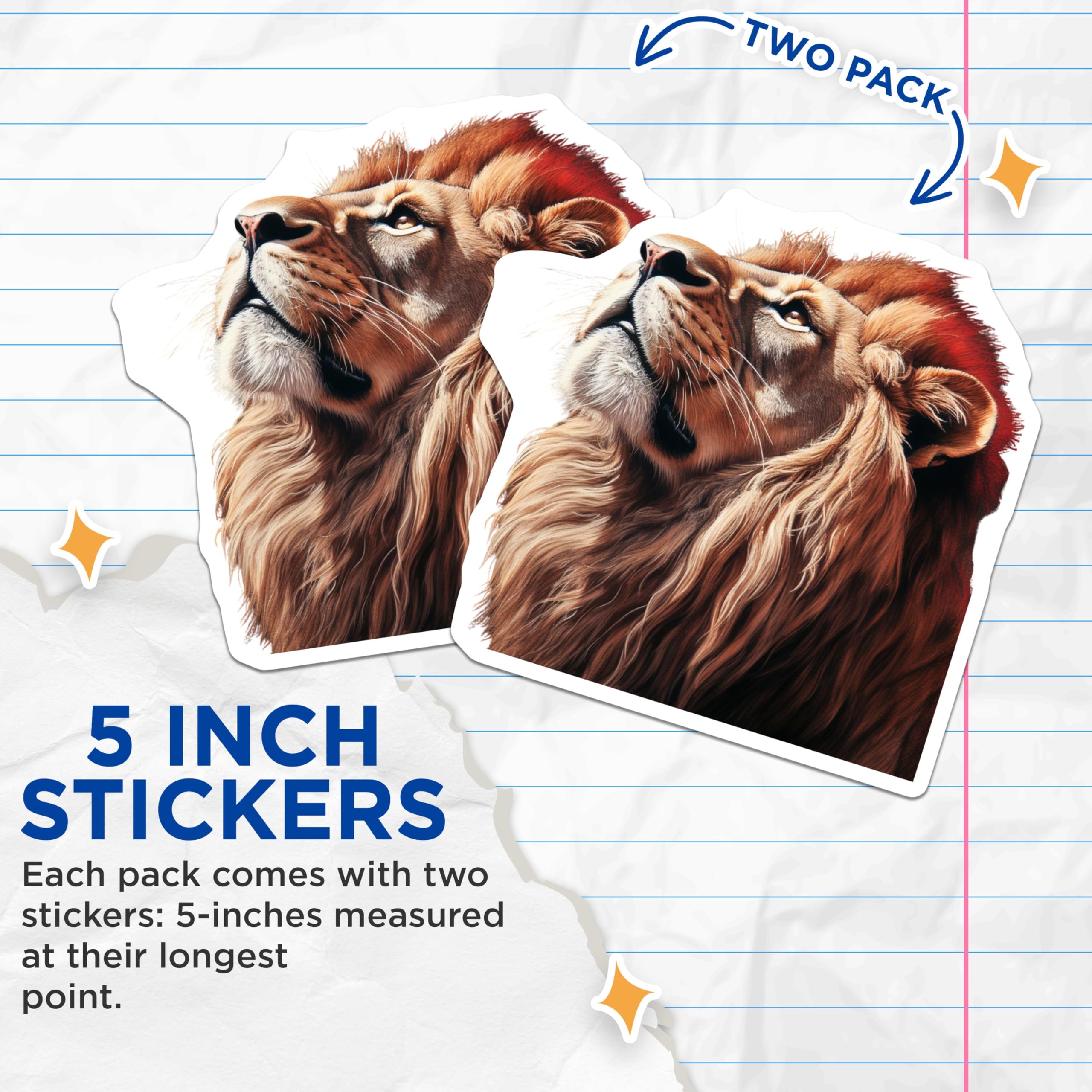 (2 Pack) Lion Head Stickers - Animal Stickers - Wildlife Art Stickers for Kids Adults - Notebook Phone Decor - 5" On Longest Side - Sticks to Smooth Flat Surfaces - Made in USA - BMCS4264