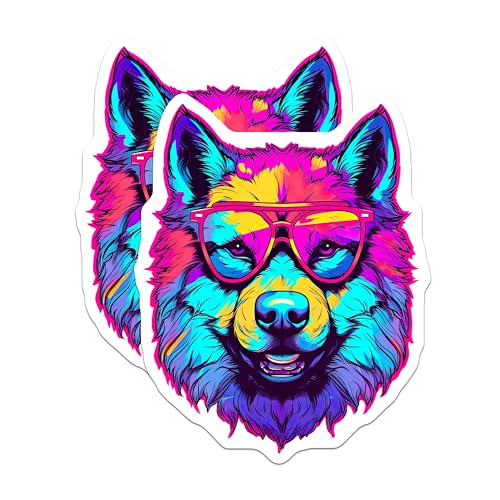 (2 Pack) Colorful Wolf Stickers - Cool Animal Art - Vibrant Wolf Decal - Unique Graphic Sticker - 5" On Longest Side - Sticks to Smooth Flat Surfaces - Made in USA - BMCS7242