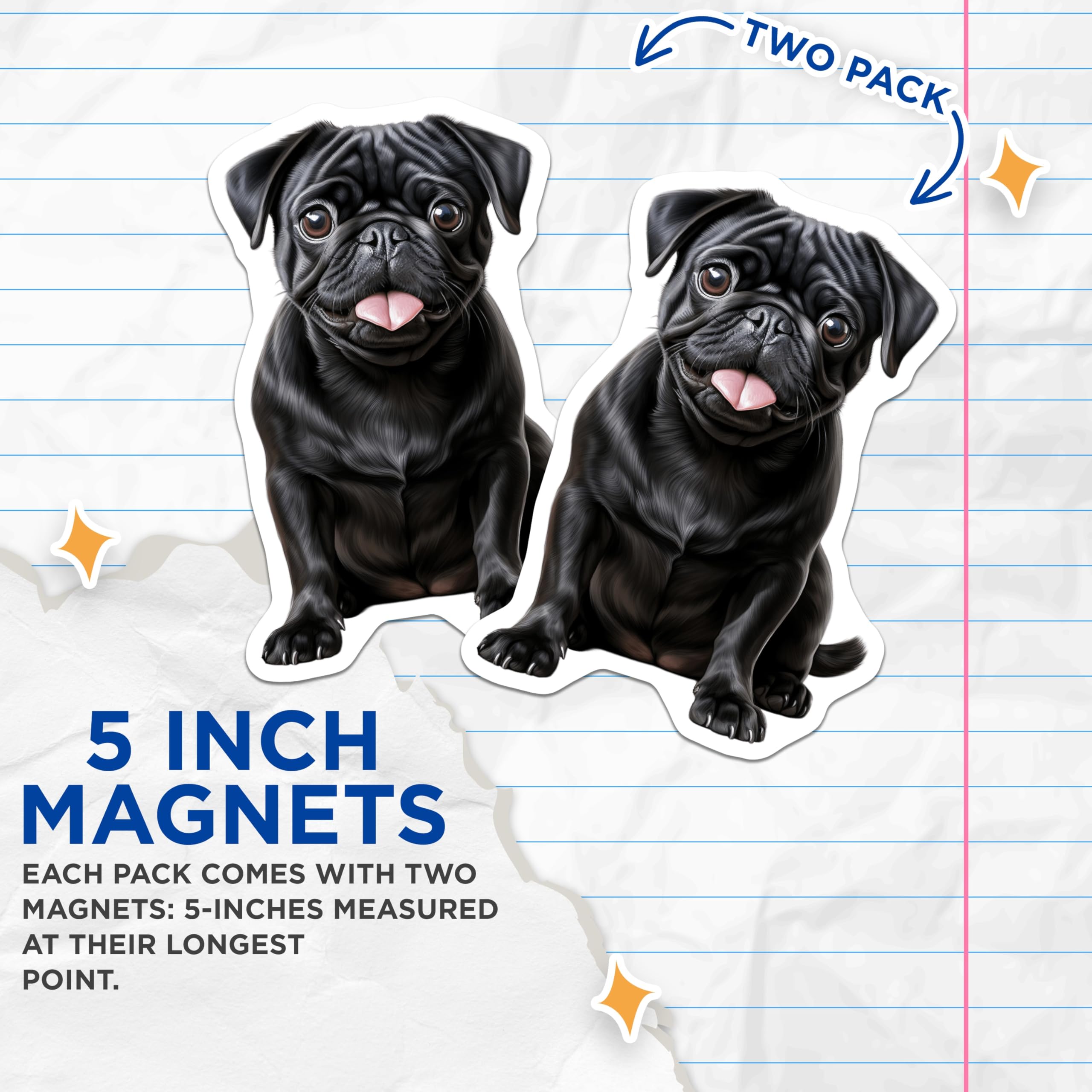 (2 Pack) Black Pug Magnets - Cute Dog Lover Art - Pet Parent Kitchen Fridge Decor - Animal Illustration Collectible - 5 Inches On Longest Side - Thick Durable Magnet - Made in USA - MAG26808