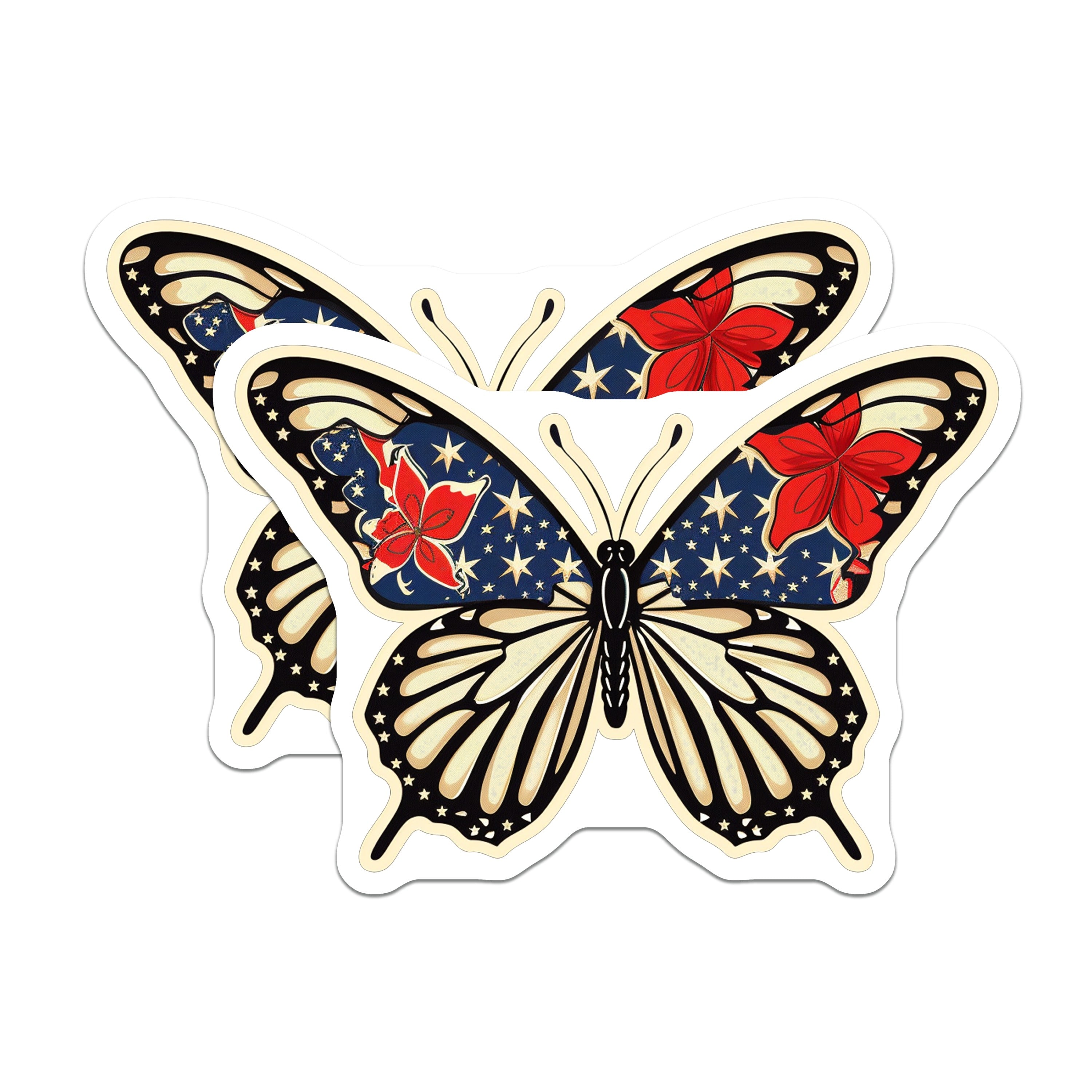 (2 Pack) Patriotic Butterfly Magnets - Americana Star Floral Decor - Summer Refrigerator Accent - 5 Inches On Longest Side - Thick Durable Magnet - Made in USA - MAG39628