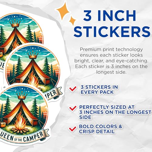 (3 Pack) Queen of Camper Decals - Camping Queen Decal - Laptop Decal Camping- 3 Inches On Longest Side - Easy Peel & Apply - Made in USA - 3MCS5552