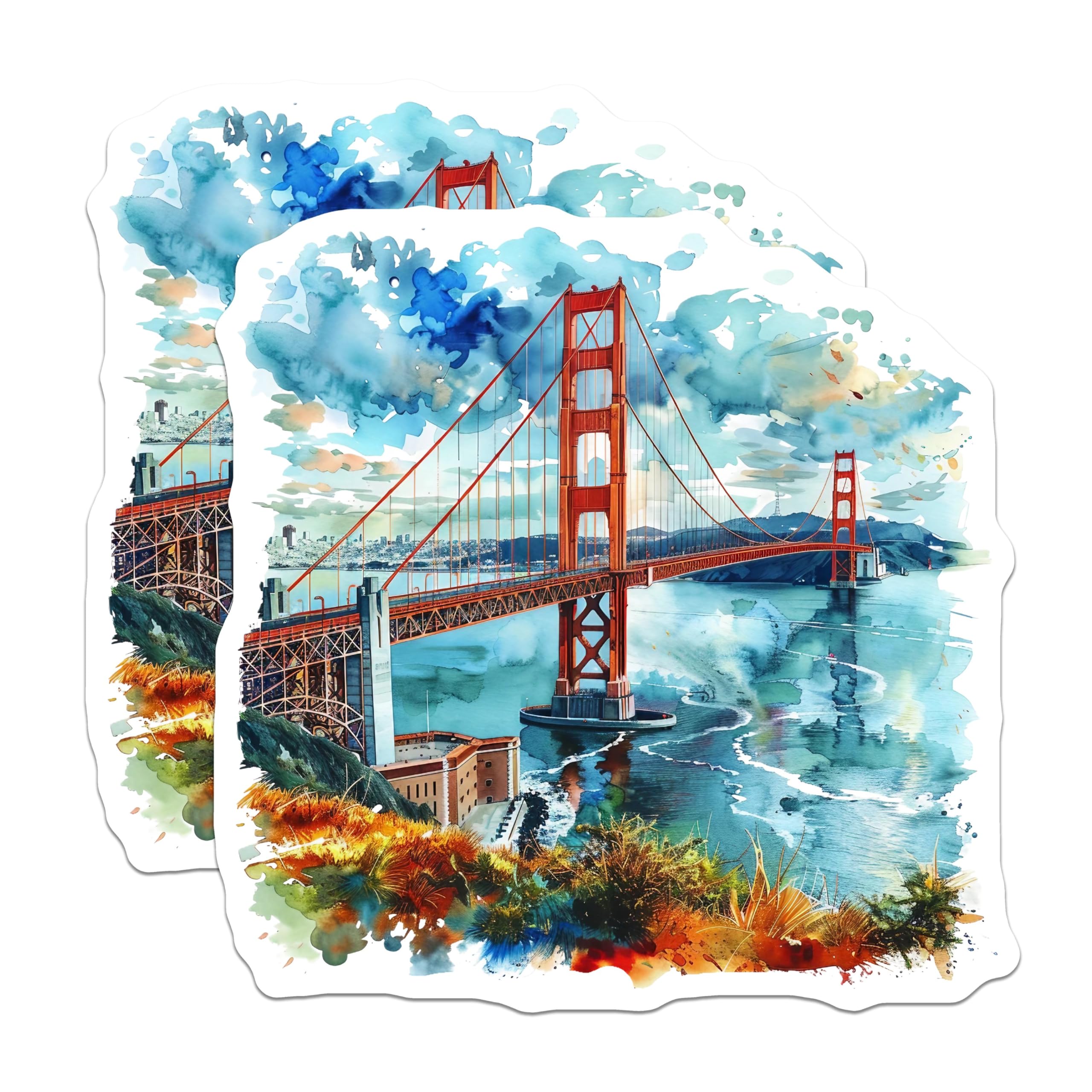 (2 Pack) Golden Gate Bridge Stickers - San Francisco Landmark Stickers - California Travel Stickers - 5" On Longest Side - Sticks to Smooth Flat Surfaces - Made in USA - BMCS5191