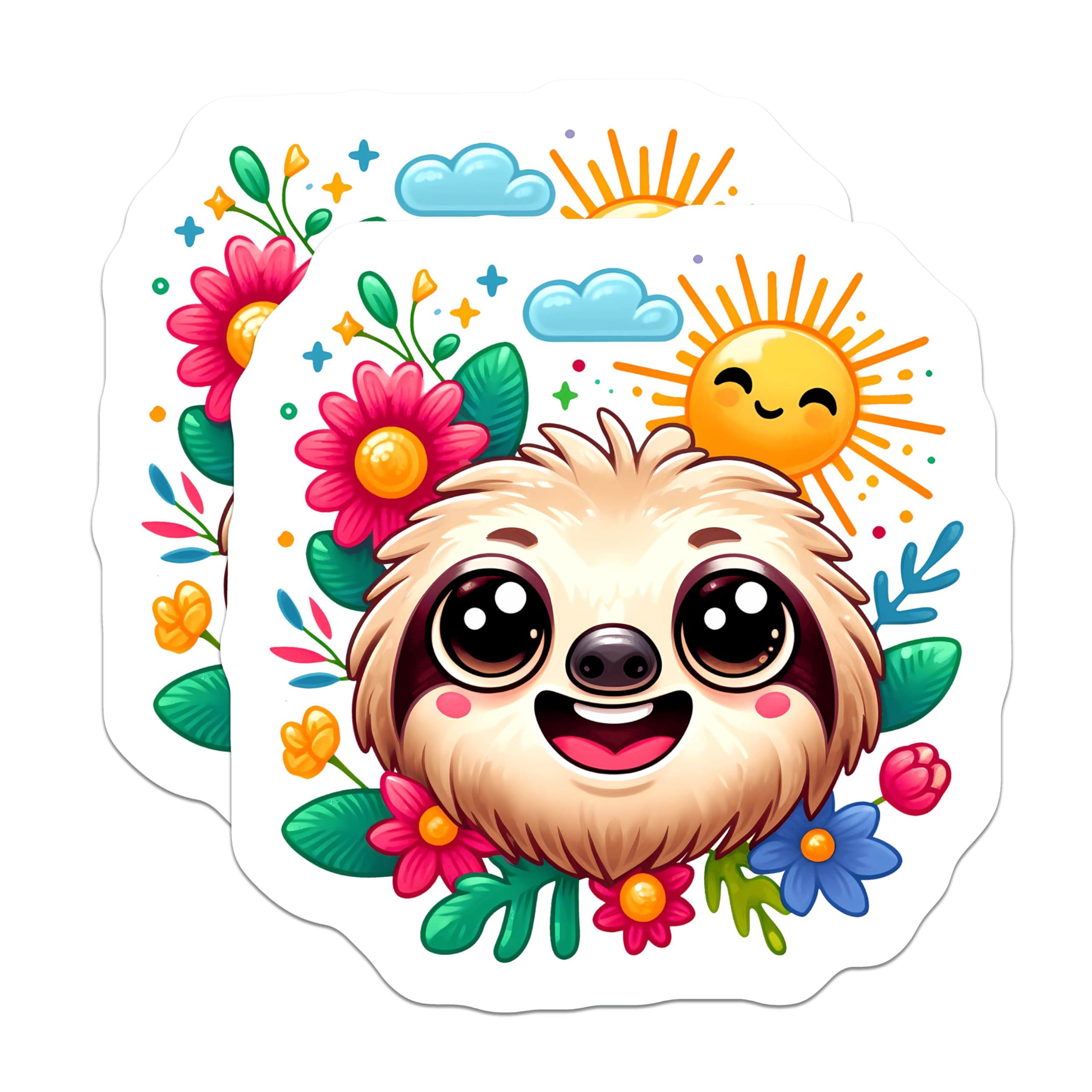 (2 Pack) Adorable Sloth Magnets - Happy Smiling Sloth Face - Colorful Floral Nature Decor - Whimsical Summer Fridge Art - 5 Inches On Longest Side - Thick Durable Magnet - Made in USA - MAG22315