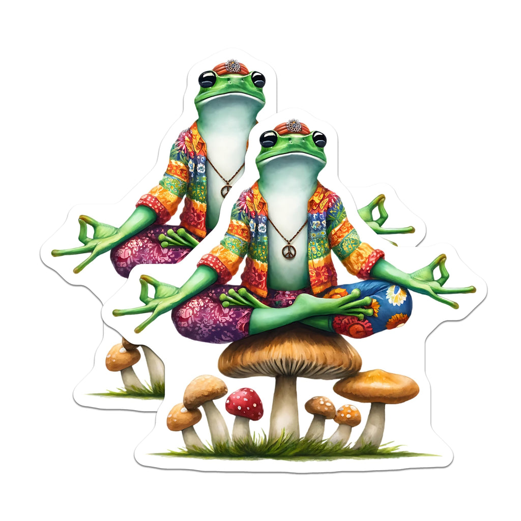 (2 Pack) Yoga Frog Stickers - Zen Toad - Mushroom Meditation- 5" On Longest Side - Sticks to Smooth Flat Surfaces - Made in USA - BMCS16509