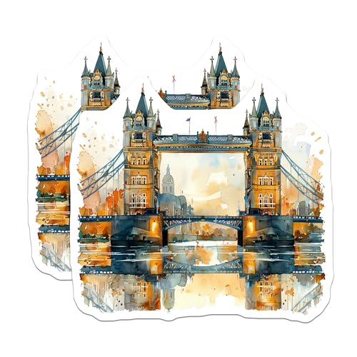 (2 Pack) London Tower Bridge Stickers - Travel Souvenir Stickers - Cityscape Art Stickers - 5" On Longest Side - Sticks to Smooth Flat Surfaces - Made in USA - BMCS5200