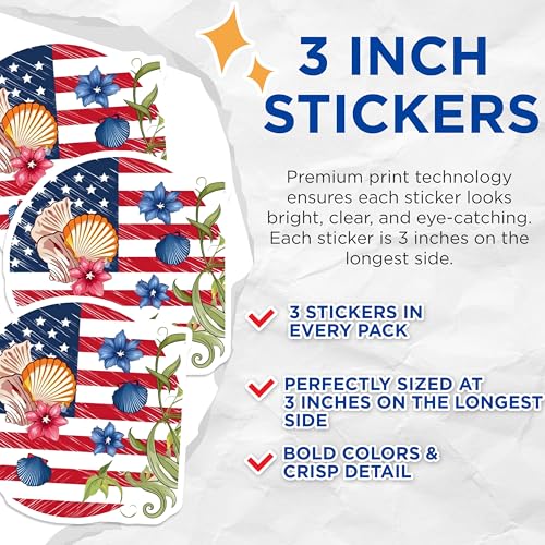(3 Pack) American Flag Seashell Decals - Patriotic Ocean Decor - USA Nautical Theme - 3 Inches On Longest Side - Easy Peel & Apply - Made in USA - 3MCS7754