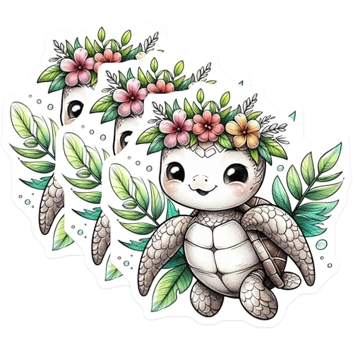 (3 Pack) Turtle Decals - Cute Animal Stickers - Floral Crown Sea Turtle - 3 Inches On Longest Side - Easy Peel & Apply - Made in USA - 3MCS0091