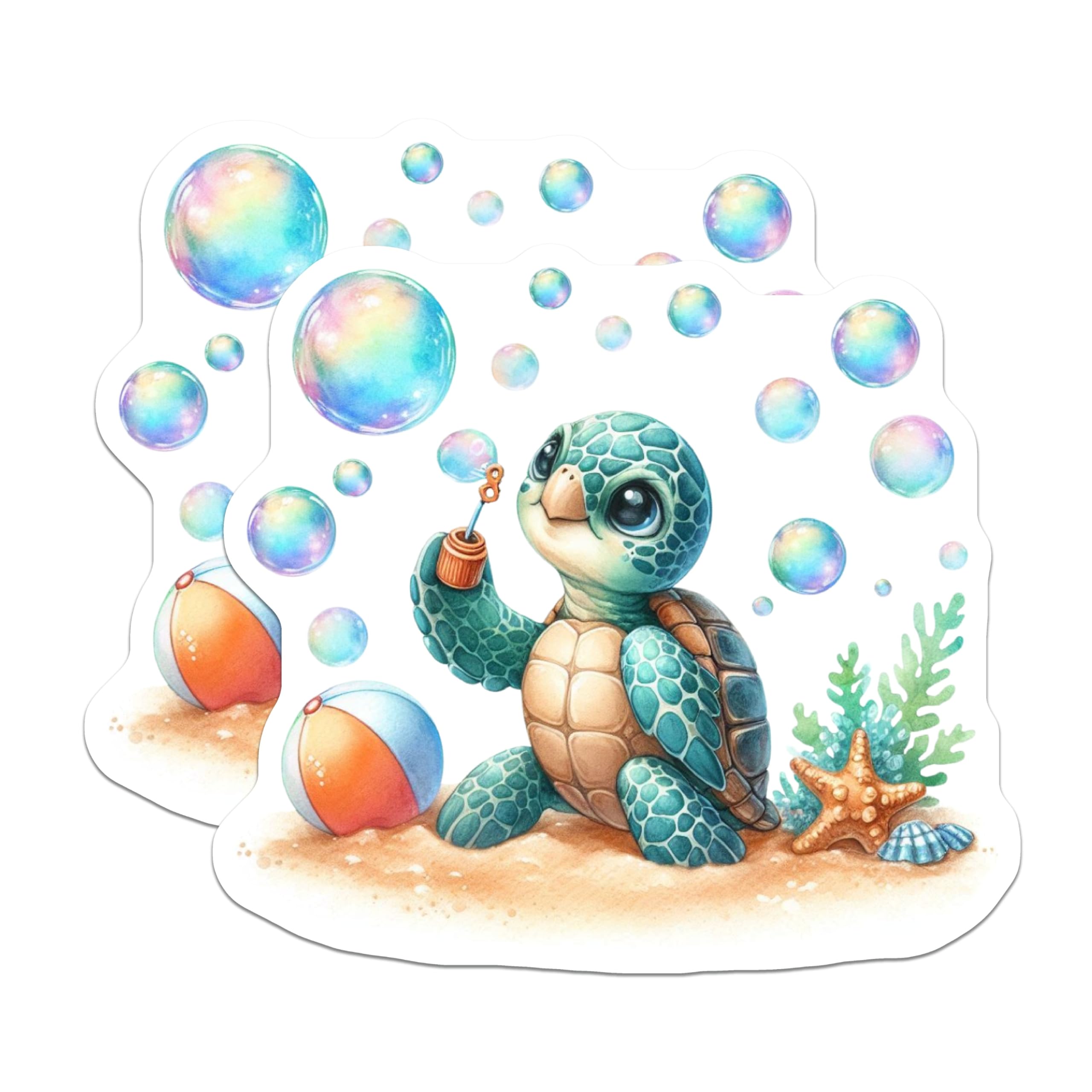 (2 Pack) Adorable Baby Sea Turtle Magnets - Watercolor Bubble Blowing Ocean Animal - Beach Theme Refrigerator Decor - 5 Inches On Longest Side - Thick Durable Magnet - Made in USA - MAG22441