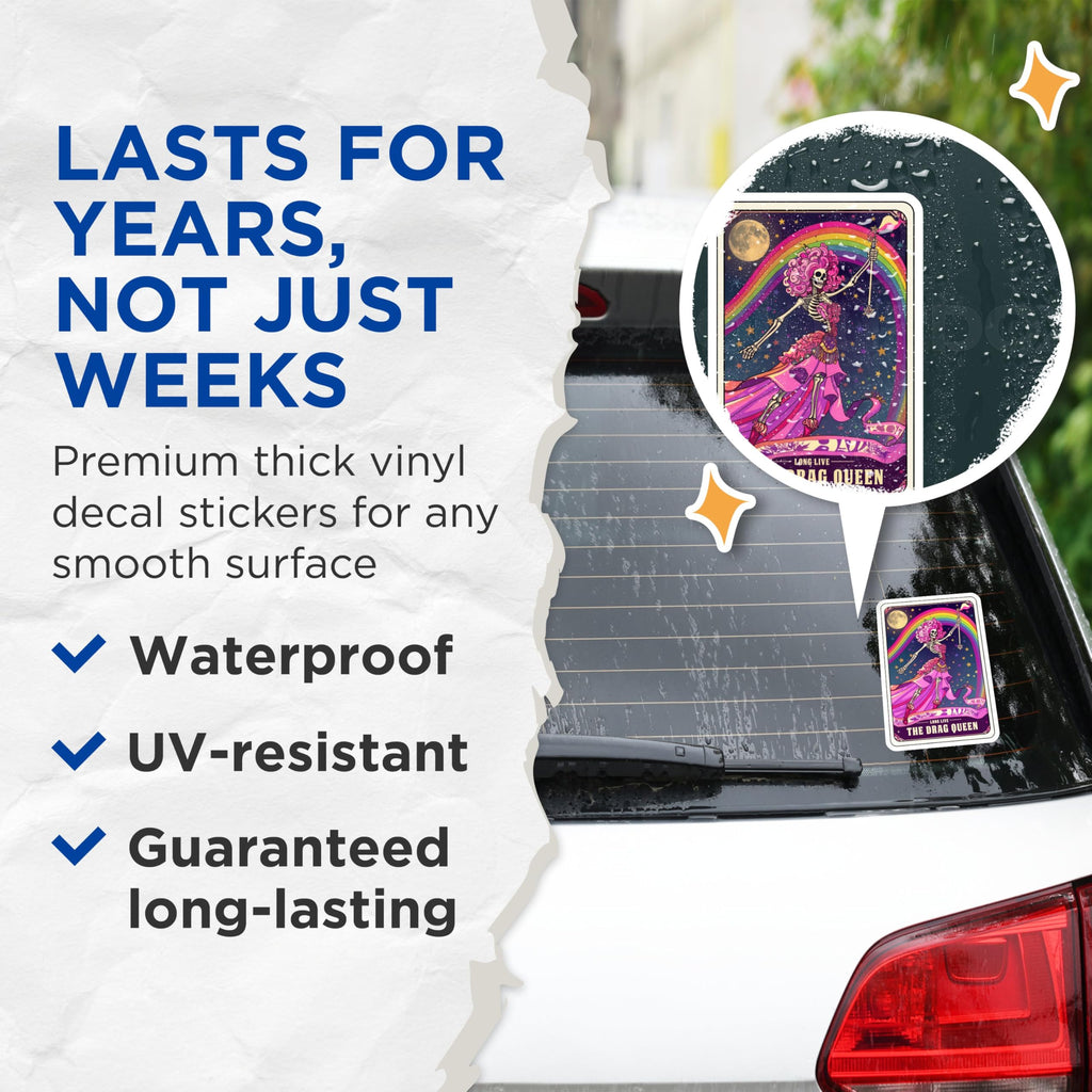 (2 Pack) Long Live The Drag Queen Stickers - Skeleton Pride Stickers - Rainbow Flag Sticker - 5" On Longest Side - Sticks to Smooth Flat Surfaces - Made in USA - BMCS4127