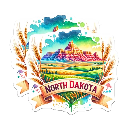 (2 Pack) North Dakota Stickers - Vibrant Landscape Art - State Pride Travel Decals - 5" On Longest Side - Sticks to Smooth Flat Surfaces - Made in USA - BMCS7270