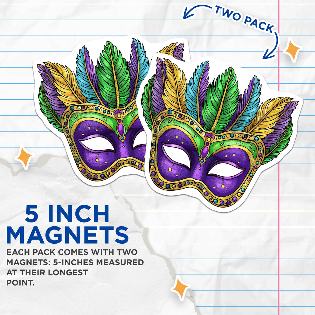 (2 Pack) Mardi Gras Mask Magnets - New Orleans Decor - Festive Carnival Celebration Art - 5 Inches On Longest Side - Thick Durable Magnet - Made in USA - MAG38369