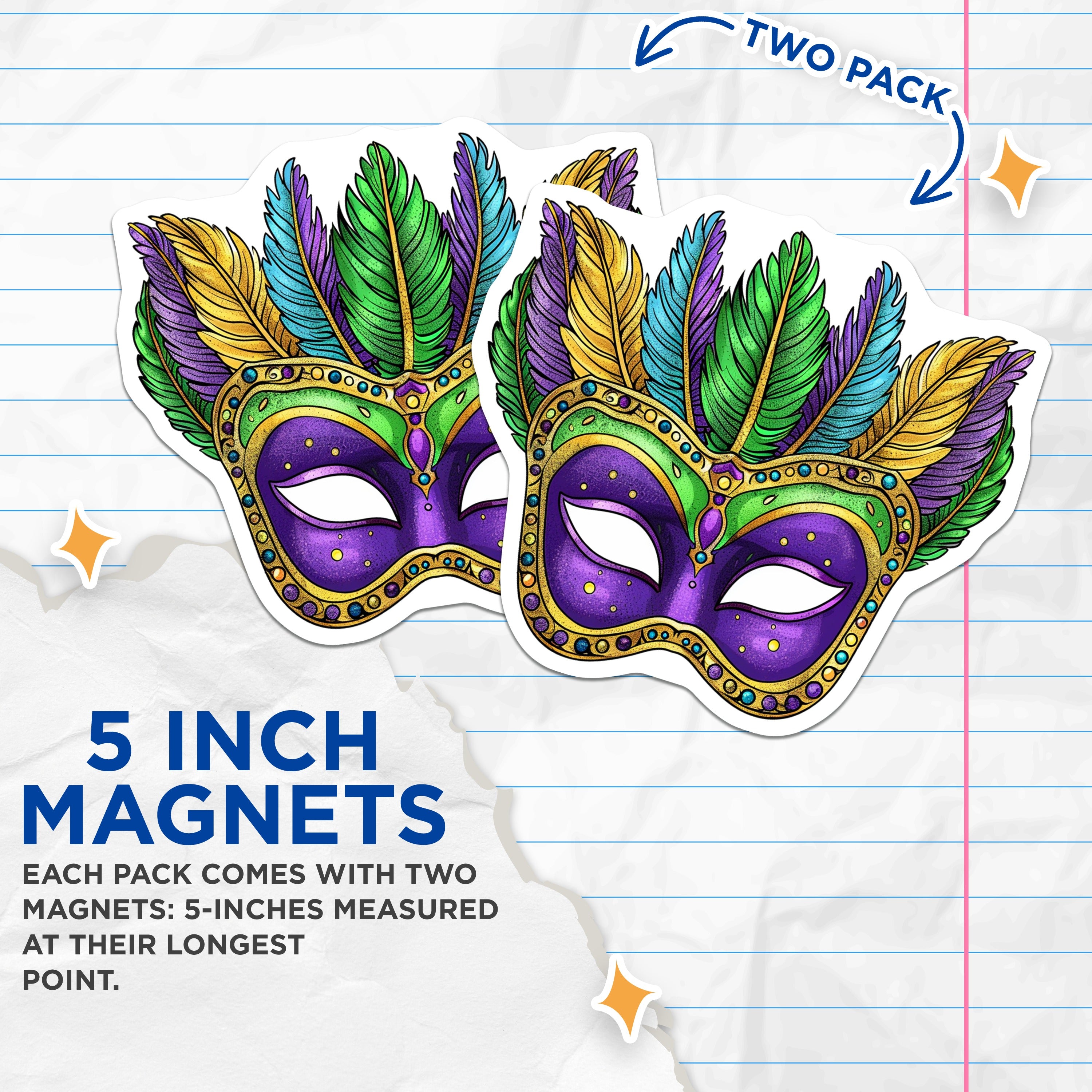 (2 Pack) Mardi Gras Mask Magnets - New Orleans Decor - Festive Carnival Celebration Art - 5 Inches On Longest Side - Thick Durable Magnet - Made in USA - MAG38369