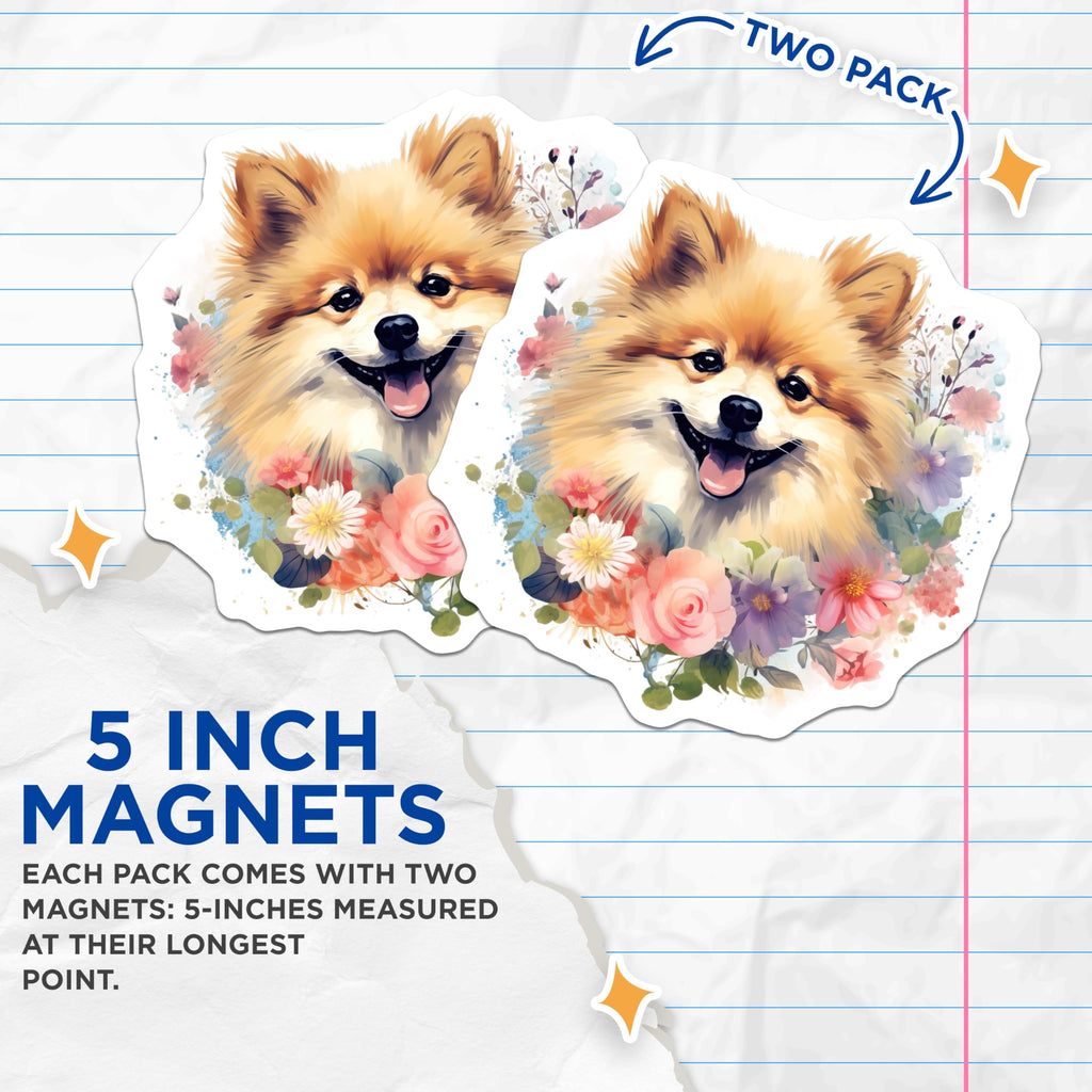 (2 Pack) Pomeranian Dog Magnets - Cute Floral Pet Art - Dog Mom Refrigerator Decor - 5 Inches On Longest Side - Thick Durable Magnet - Made in USA - MAG30330