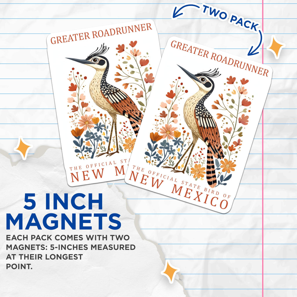 (2 Pack) Greater Roadrunner Magnets - New Mexico State Bird Art - Southwestern Desert Decor - 5 Inches On Longest Side - Thick Durable Magnet - Made in USA - MAG19169