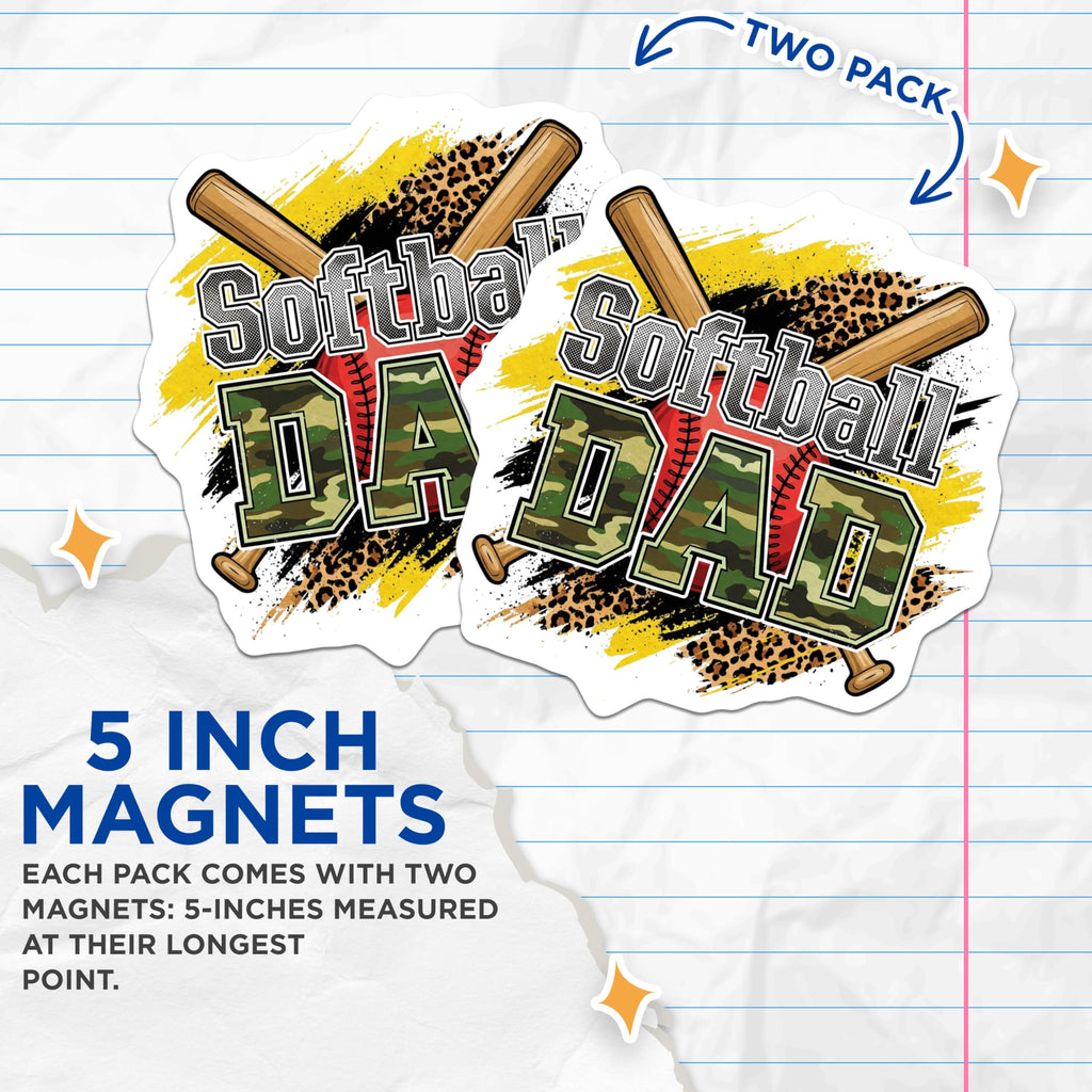 (2 Pack) Softball Dad Magnets - Camo Baseball Bat - Proud Father Decoration - 5" On Longest Side - Premium Magnet - for Cars, Refrigerators, Toolboxes, Lockers - Made in USA - MAG15461
