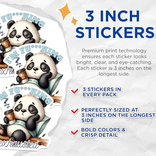 (3 Pack) Exhausted Panda Decals - Funny Animal Sticker - Laptop Decal - Sarcastic Panda - 3 Inches On Longest Side - Easy Peel & Apply - Made in USA - 3MCS4627