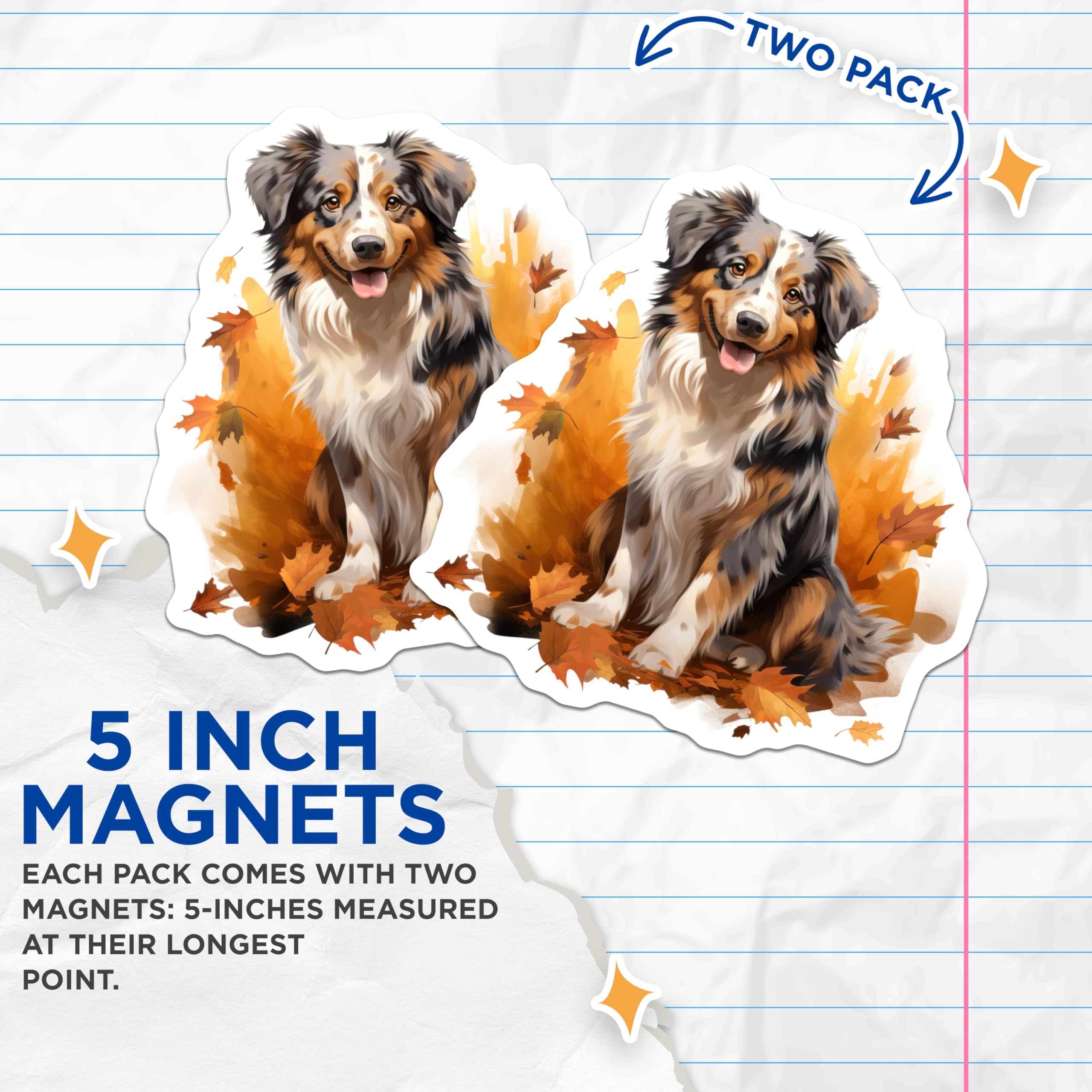 (2 Pack) Australian Shepherd Magnets - Autumn Dog Art - Rustic Fall Kitchen Decor - Pet Lover Refrigerator Magnet - 5 Inches On Longest Side - Thick Durable Magnet - Made in USA - MAG25575