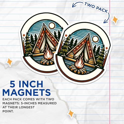 (2 Pack) Camping Trip Magnets - Outdoor Adventure - Woodland Campfire Scene Fridge Decor - 5" On Longest Side - for Cars, Fridges, Toolboxes - Made in USA - MAG6940