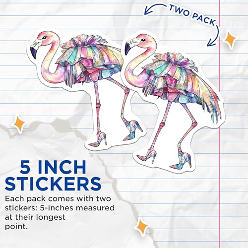 (2 Pack) Flamingo Fashion Stickers - Colorful Bird Art - Fun Animal Design - 5" On Longest Side - Sticks to Smooth Flat Surfaces - Made in USA - BMCS9521