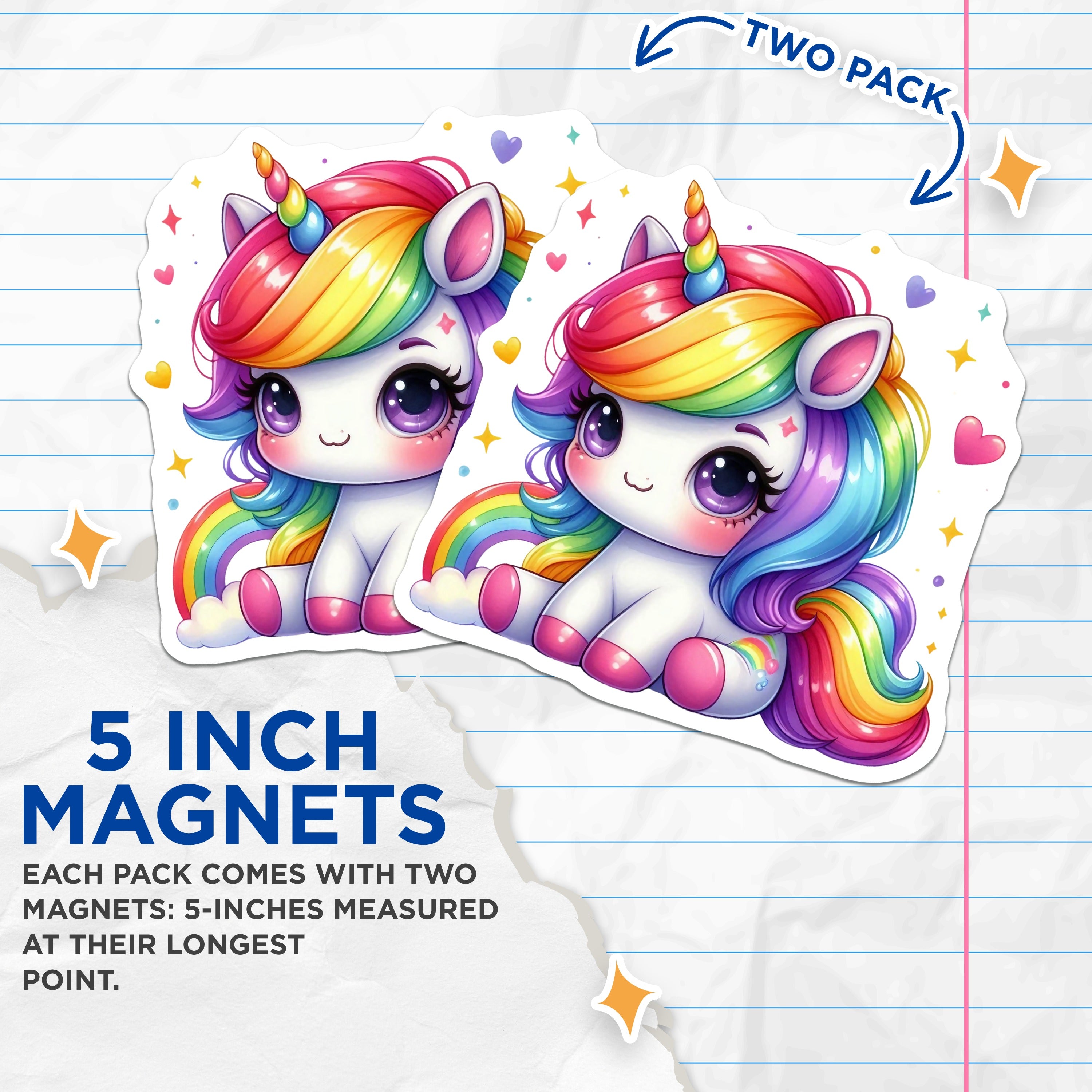 (2 Pack) Kawaii Unicorn Magnets - Cute Rainbow Fantasy Decor - Magical Animal Refrigerator Magnet - Kids Whiteboard Decoration - 5" - Thick Durable Magnet - Made in USA - MAG39437