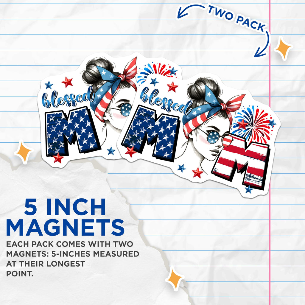 (2 Pack) Patriotic Mom Magnets - Blessed Mom - 5" On Longest Side - for Cars, Fridges, Toolboxes - Made in USA - MAG7453