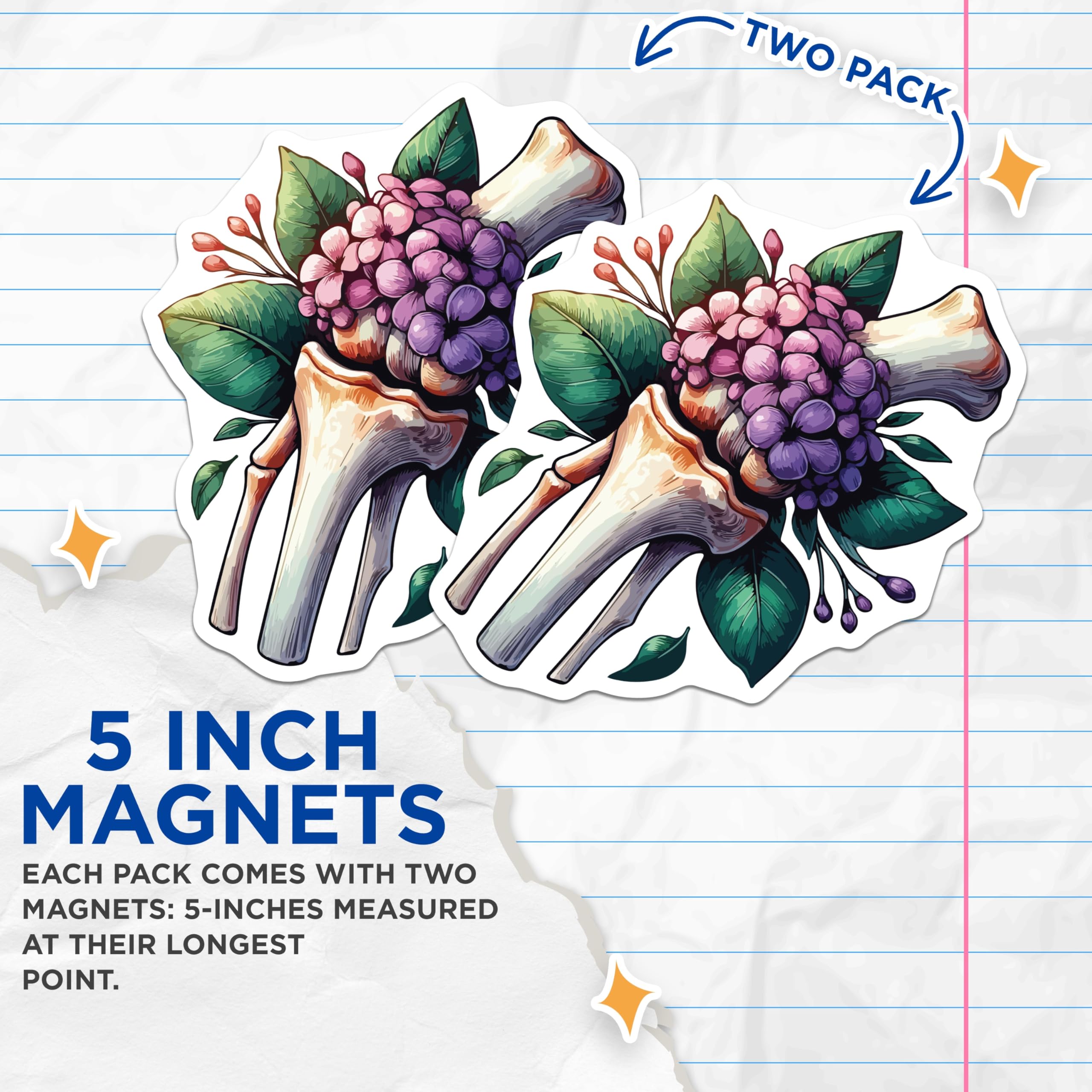 (2 Pack) Bone and Flower Magnets - Anatomical Skeletal Floral Art - Gothic Botanical Home Decor - 5 Inches On Longest Side - Thick Durable Magnet - Made in USA - MAG20005
